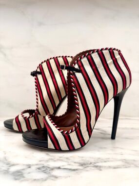 Tabitha Simmons: Striped Red and Black High Heel Peep-Toe Sandals